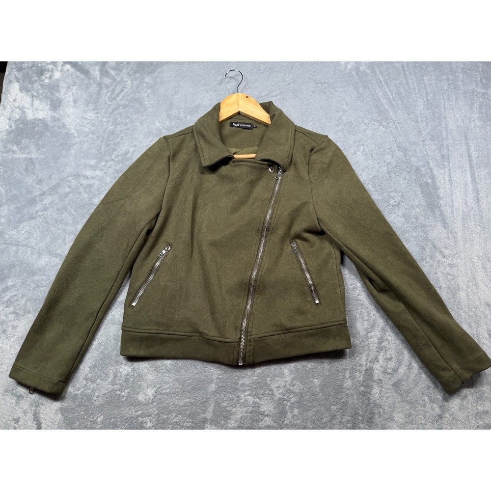 Apperloth A Faux-Suede Moto Jacket Women Small Olive Green Crop Asymmetrical Zip